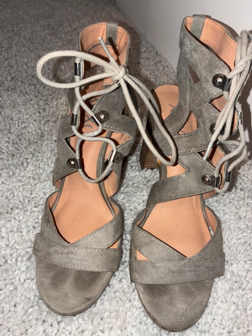 XOXO Gray Suede Lace Up Block Heels Womens Size 7